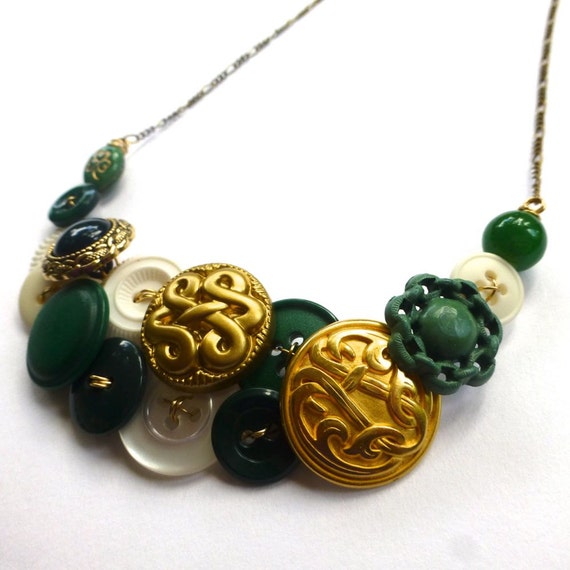 Irish Celtic Green, White, and Gold Brass Vintage Button Necklace