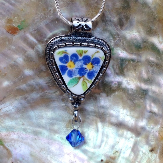 Broken China Jewelry Necklace Forget Me Nots Blue Vintage China