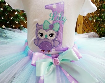 1st Birthday Girl Outfit. Cake Smash Outfit Girl. Owl Birthday Tutu Outfit. Aqua and Lavender Tutu. Personalized Birthday Dress