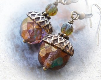 Acorn earrings Acorn jewelry earthy bronze earrings oxidized antiqued brass nature inspired dangle drop earrings for women pink rose purple