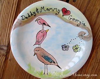 Custom family tree bird plate kiln fired pottery gift