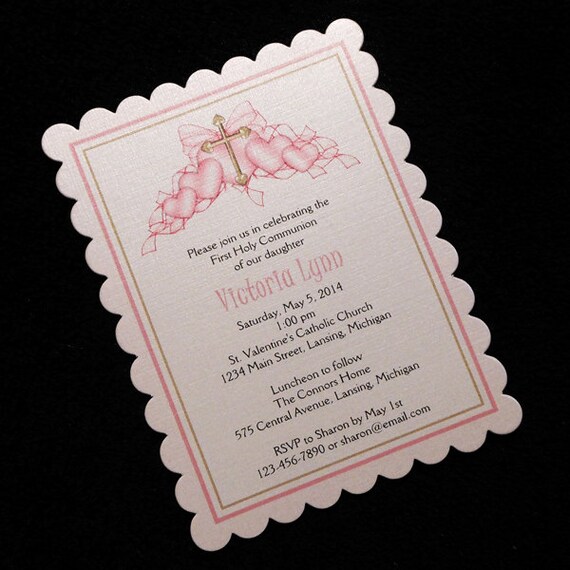 Personalized Girls First Communion Invitations Pink Hearts