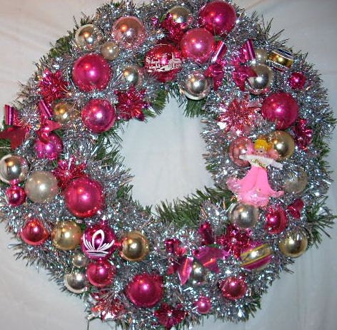 New & Vintage Shiny Brite Wreath, Sweet Pinks, Japan Tinsel Stars,Angel