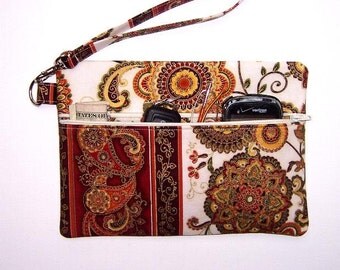 Cream Gold Rust Clutch Wristlet, Cream Green Small Purse, Floral Zippered Wallet, Cream Makeup Bag