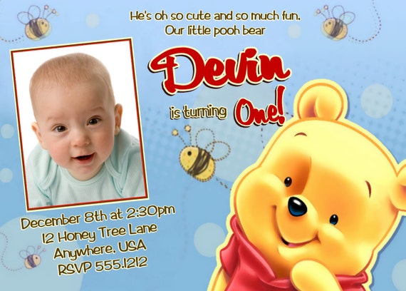 Winnie the Pooh Birthday Invitations, Printable Photo Card, Digital File