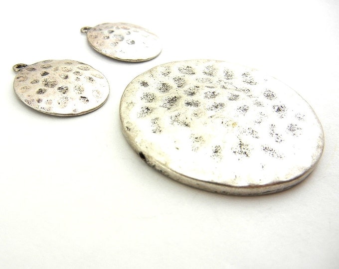 Set of Round Hammered Antique Silver-tone Pendant and Charms