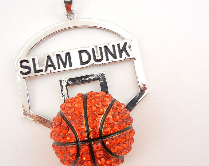 Large Slam Dunk Basketball Pendant Orange Rhinestones