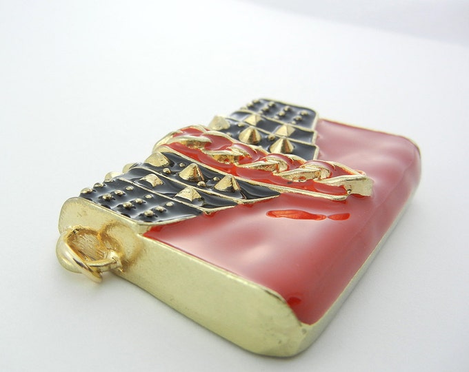 Large Double Link Gold-tone Red Enamel Purse Pendant