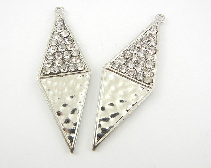 Pair of Diamond Shaped Drop Charms Hammered and Rhinestones