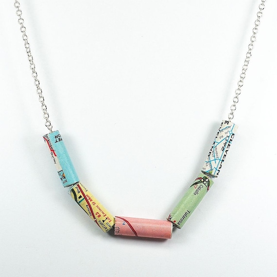 Paper Bead Jewelry Upcycled United States Map Necklace by Tanith