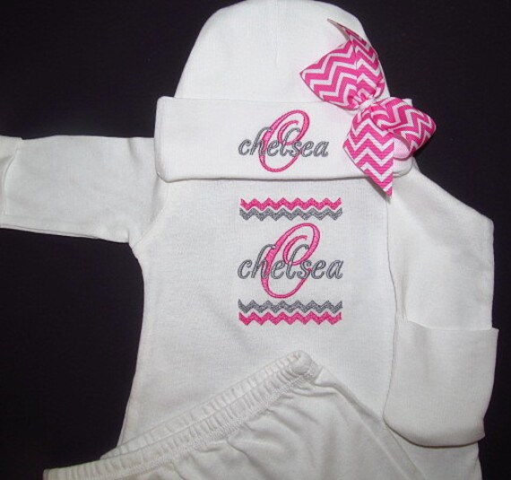 Personalized Newborn Gown Sleeper with Mitten Cuffs Hat with