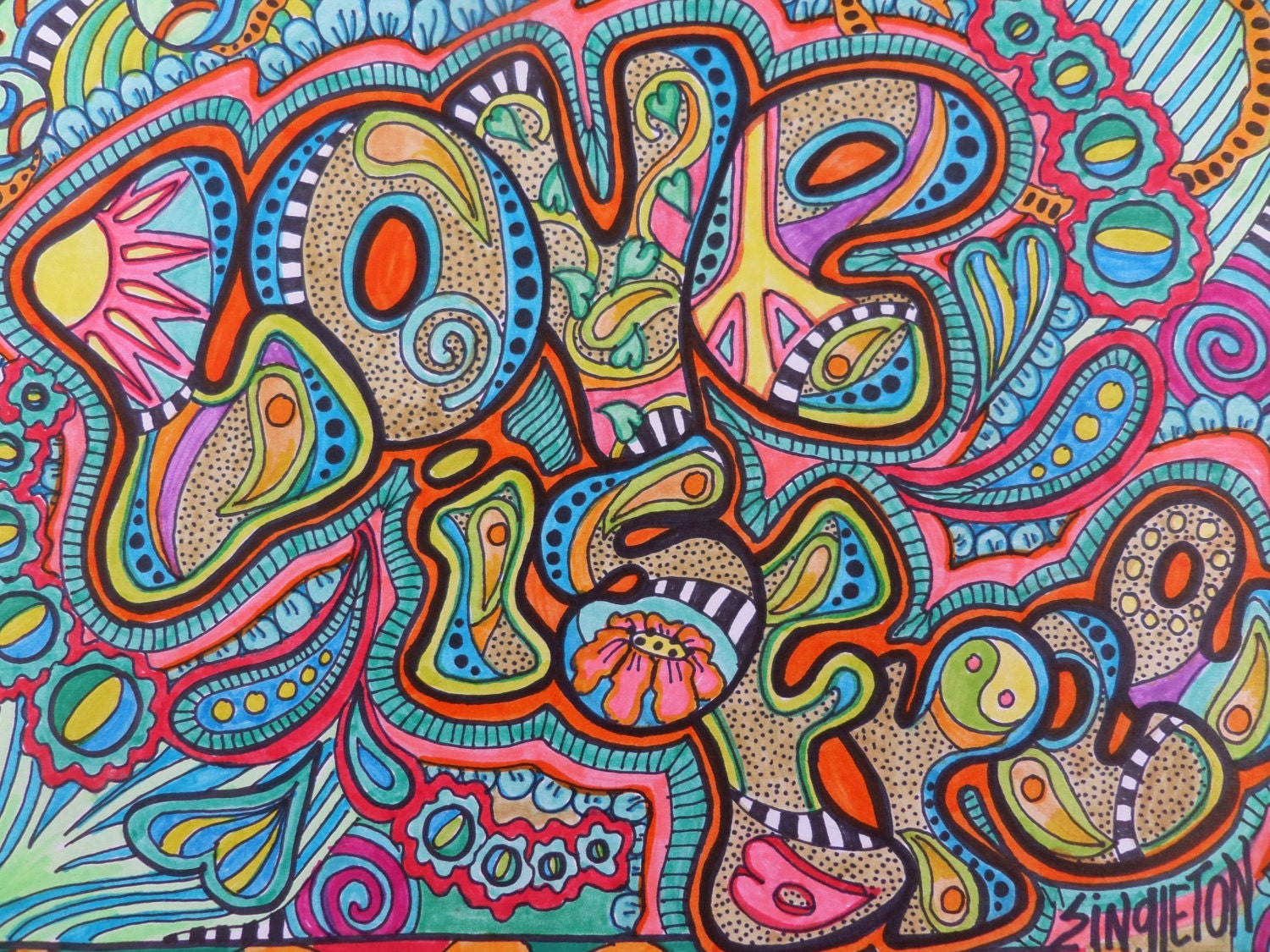 Love is Free Singleton Hippie Art Original Drawing Peace