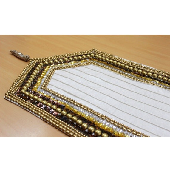 ON Golden Bead 10 Pearls Ivory   Runner beaded   Beaded Table runner Sequin SALE table