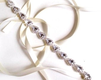 Teardrop Rhinestone Bridal Headband - White or Ivory Satin Ribbon - Silver and Crystal - Thin Wedding Headband - Pear Rhinestones
