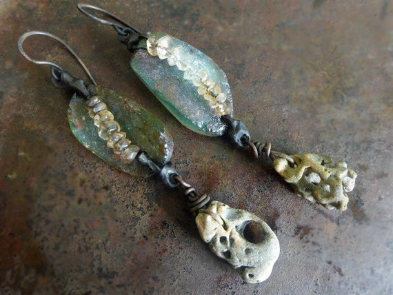 Trust the Water. Roman glass. Rustic Victorian Tribal earrings with aquamarine and beach stones.