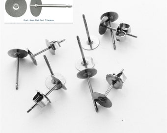 Pure TITANIUM Earring Posts and stainless ear nuts, Hypoallergenic Anti Allergy Jewelry, earring design, supplies, 6mm flat pads,