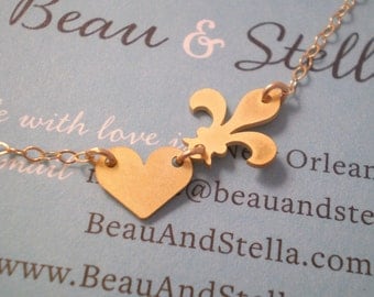 NOLA Love - Fleur de Lis and Heart Necklace - 14k Gold Filled or Sterling Silver
