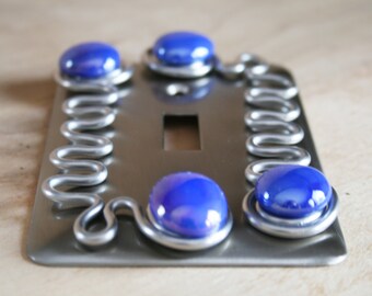 Single Switch Plate Cover/Brushed Nickel/Periwinkle Glass/Decorative Switch Plates for Decor/Unique Home Decor/Single Switch Plate Cover