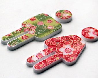 Decor bathroom sign, small Male/Female WC sign, green-red flowers