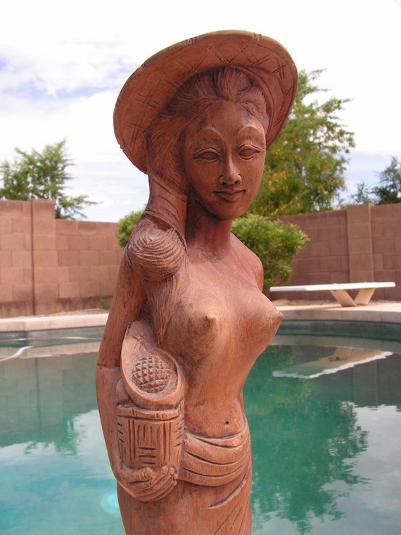 Bali Wood Carving Nude Woman Lady Carrying Basket By Retrosideshow