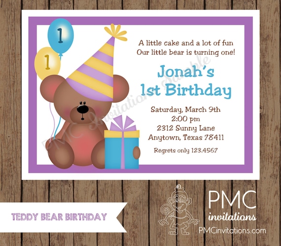 Custom Printed Teddy Bear Birthday Invitations - 1.00 each with envelope Il_570xn