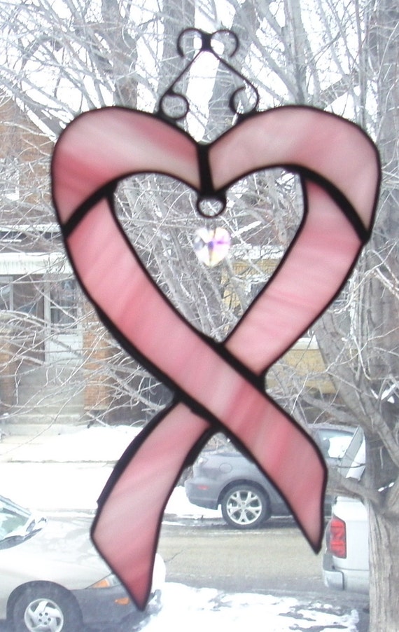 Items similar to Stained Glass Heart Shaped Pink Ribbon Breast Cancer Awareness Suncatcher with