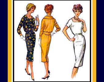 Vintage 1958-FEMININE CHIC-Jacket & Wiggle Dress -Sewing Pattern-Kimono Sleeves-Square Neckline-Shawl Collar-Peplum-Uncut-Size 14-Rare