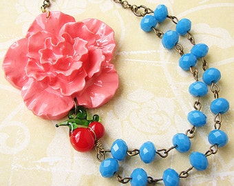 Flower Necklace Turquoise Jewelry Coral Necklace Statement Necklace Cherry Necklace Beaded Necklace