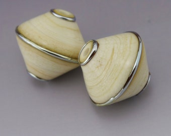Bicone Bead Pair Lampwork Beads Handmade Metallic Crackle Ivory Cream Heather Behrendt BHV SRA LETeam