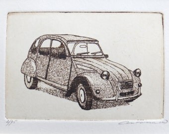 original etching and aquatint of a Citroën 2CV car - deux chevaux-vapeur