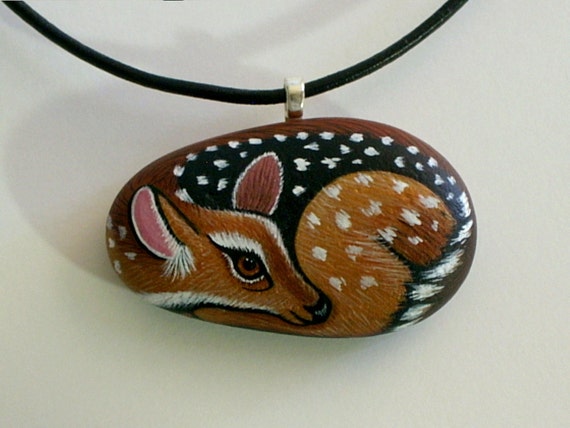 Deer, Holiday Gift Ideas, For Her, Jewelry, necklaces, pendant, totem, painted rock, woodland fawn miniature painting, ooak stocking stuffer