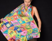 Crazy Town Silk Shawl Hand painted. Oversized scarf multicolored. Hundertwasser scarf. Luxury Silk Scarf Wrap. Birthday gift for her ooak.