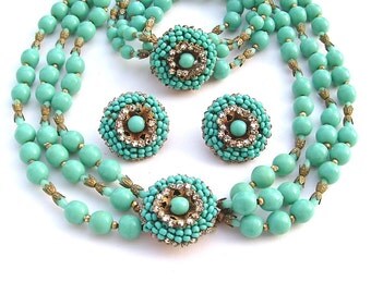 Vintage Miriam Haskell Jewelry Set Art Deco Turquoise Jewelry Glass Bead Necklace Bracelet Earrings Signed Women Gifts