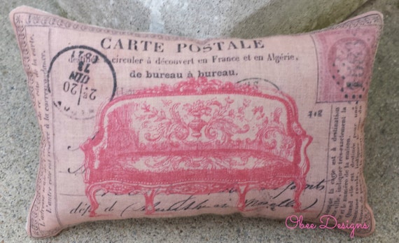 Pink Vintage French Postcard Sachet with French Settee and Pink French Postage Stamp