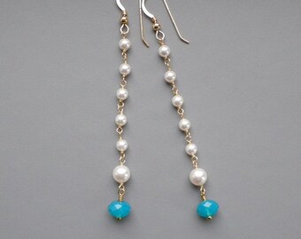 Crystal Pearls Blue Opal Gold Earrings