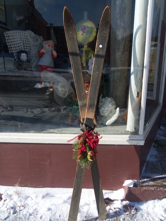 Vintage Primitive Antique Wood Skis For Your Holiday Decor