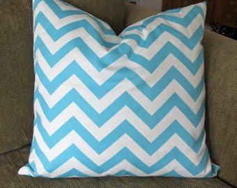 One Decorative Pillow Cover, 18" x 18", Chevron Stripe in Aqua and White, Zipper Closure, Washable