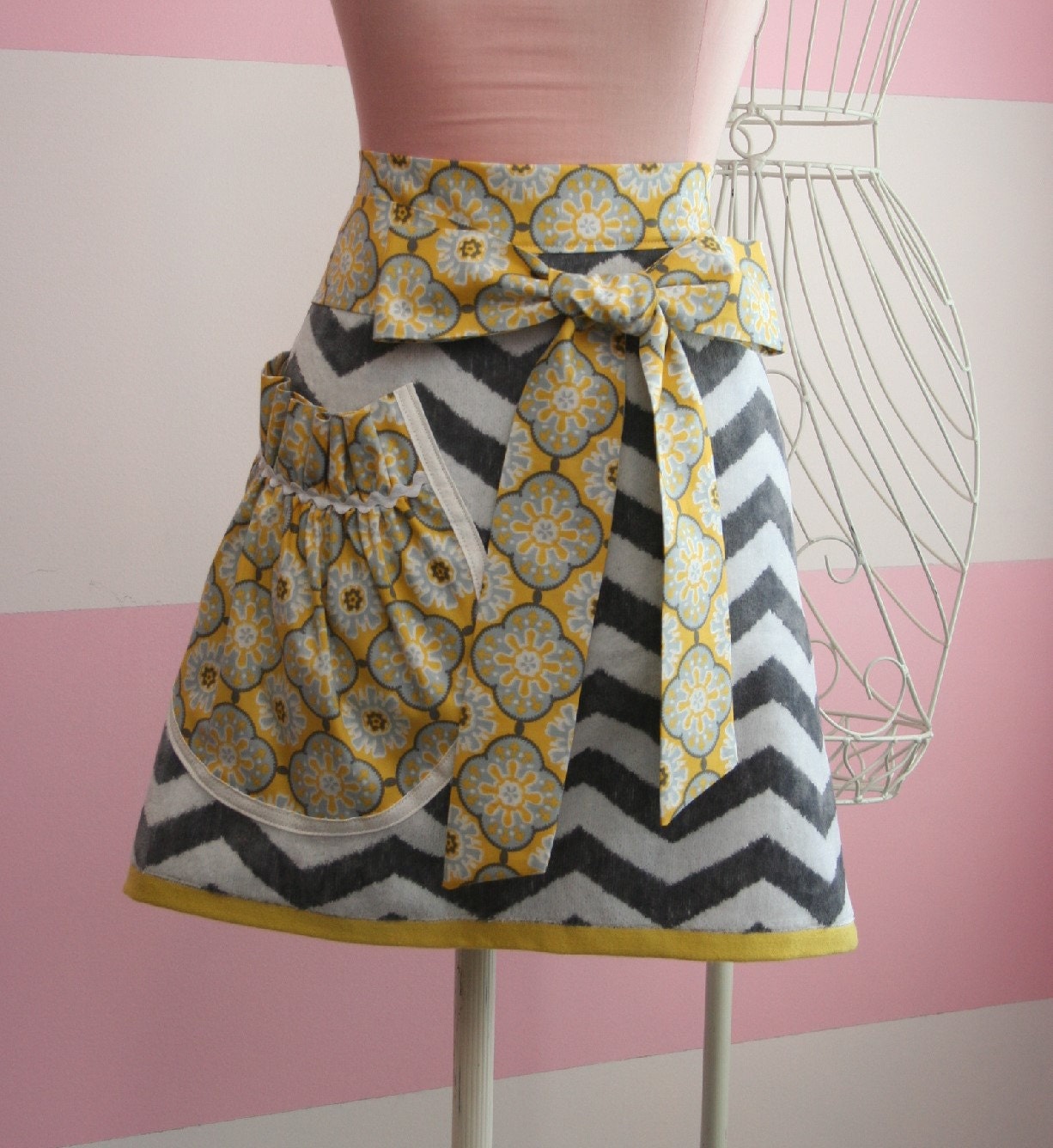 Towel Waist Apron Yellow and Grey Chevron