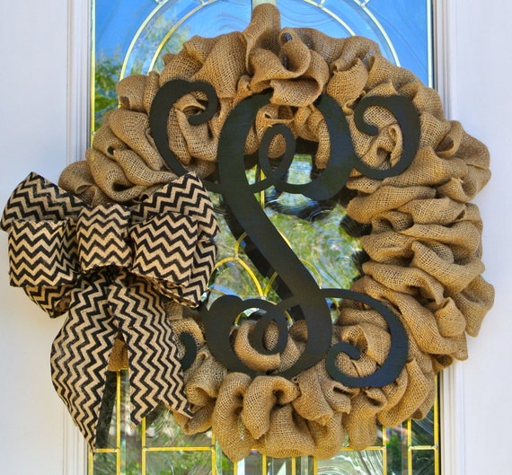 Large Burlap Wreath with Single Letter Vine Monogram Painted Black and Chevron Burlap Ribbon Customize for you with your own Monogram