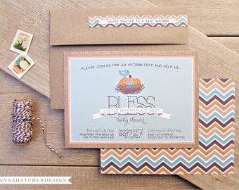Bless This Nest Baby Shower Invitations, Bless Baby's Nest, Fall, Autumn, Orange, Pumpkin, Robins Egg Blue, Mint, Pink, DIY or Printed