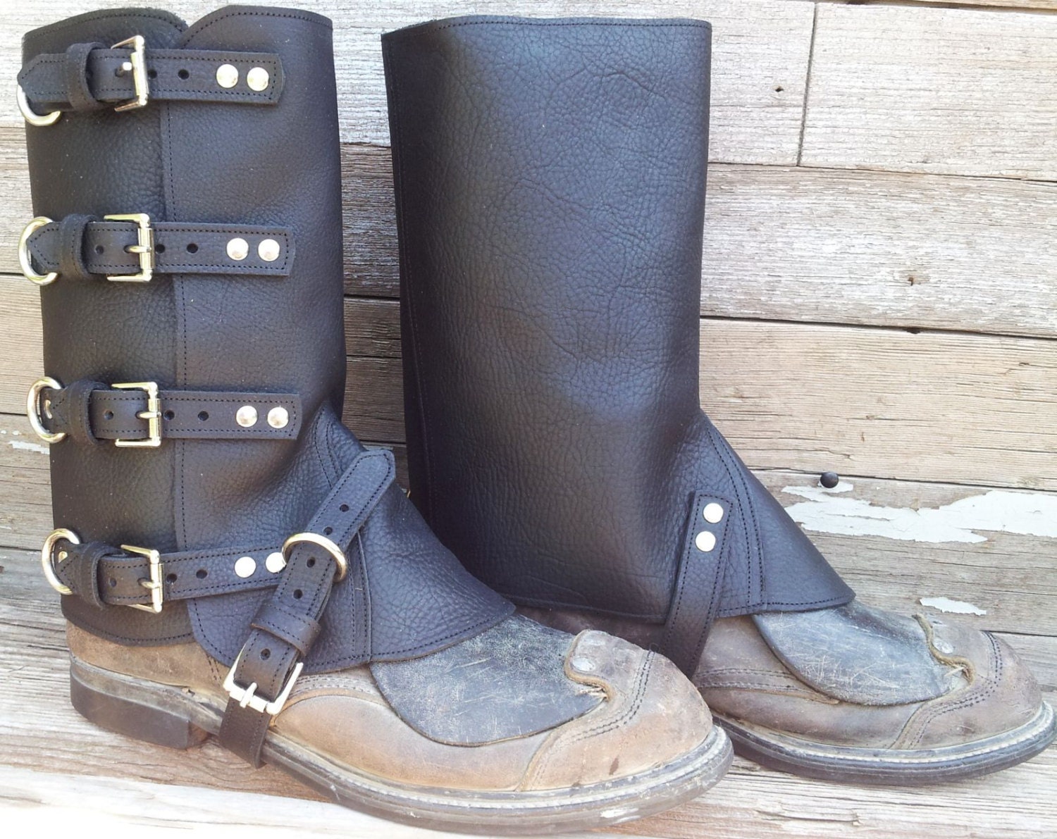 Swiss Military Style Gaiters or Spats in Black Leather w