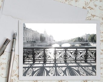 Paris Photo Notecard - Bridge over the Seine, Black and White Stationery, Blank Notecard