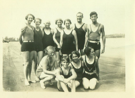 Ready for a Swim Group Picture in Bathing Swim Suits Men Women 1920s Vintage Black White Photo Photograph