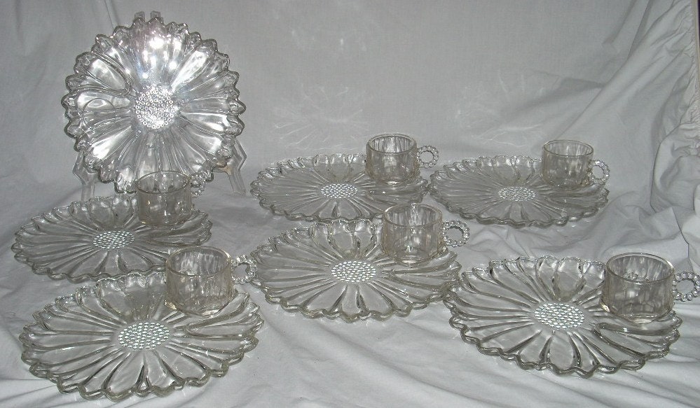Mid Century Hazel Atlas Glass Snack Sets Floral 6 Sets Haute Juice