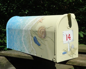 Hand Painted Mailbox of shells, starfish and waves, a combination of six painted around the box