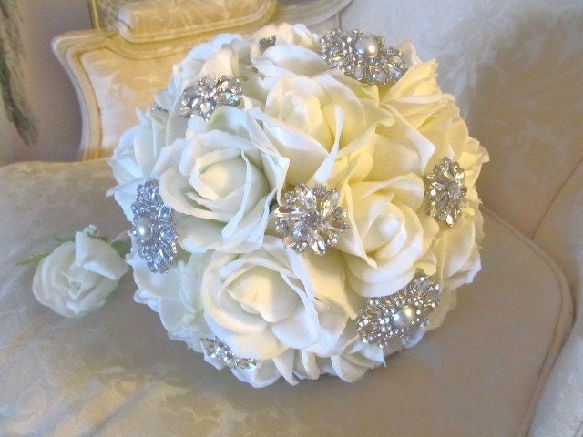 Ivory real touch rose wedding bouquet with rhinestone brooches, bridal bouquet