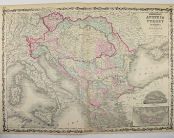 1862 Austria Map Turkey, Greece Map Hungary Balkan Peninsula 1862 Johnson Map, Antique Art Map Gift for Couple, Gift for Coworker