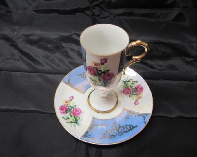 Lusterware Blue and White Rose Footed Cup and Saucer Made in Japan, China Tea Cup and Saucer Set, Tea or Coffee Serving Set, Victorian Tea