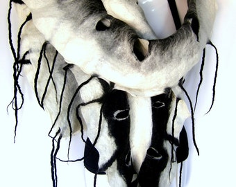CUSTOM ORDER Felted Scarf, Ruffled Wavy, Holes Fringes Scarf, Black White, Merino Wool Felt Scarf