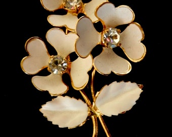 1950s STUNNING BROOCH With Lovely Stones & Design- with enamel on gold , flower brooch with crystals --Art.420--
